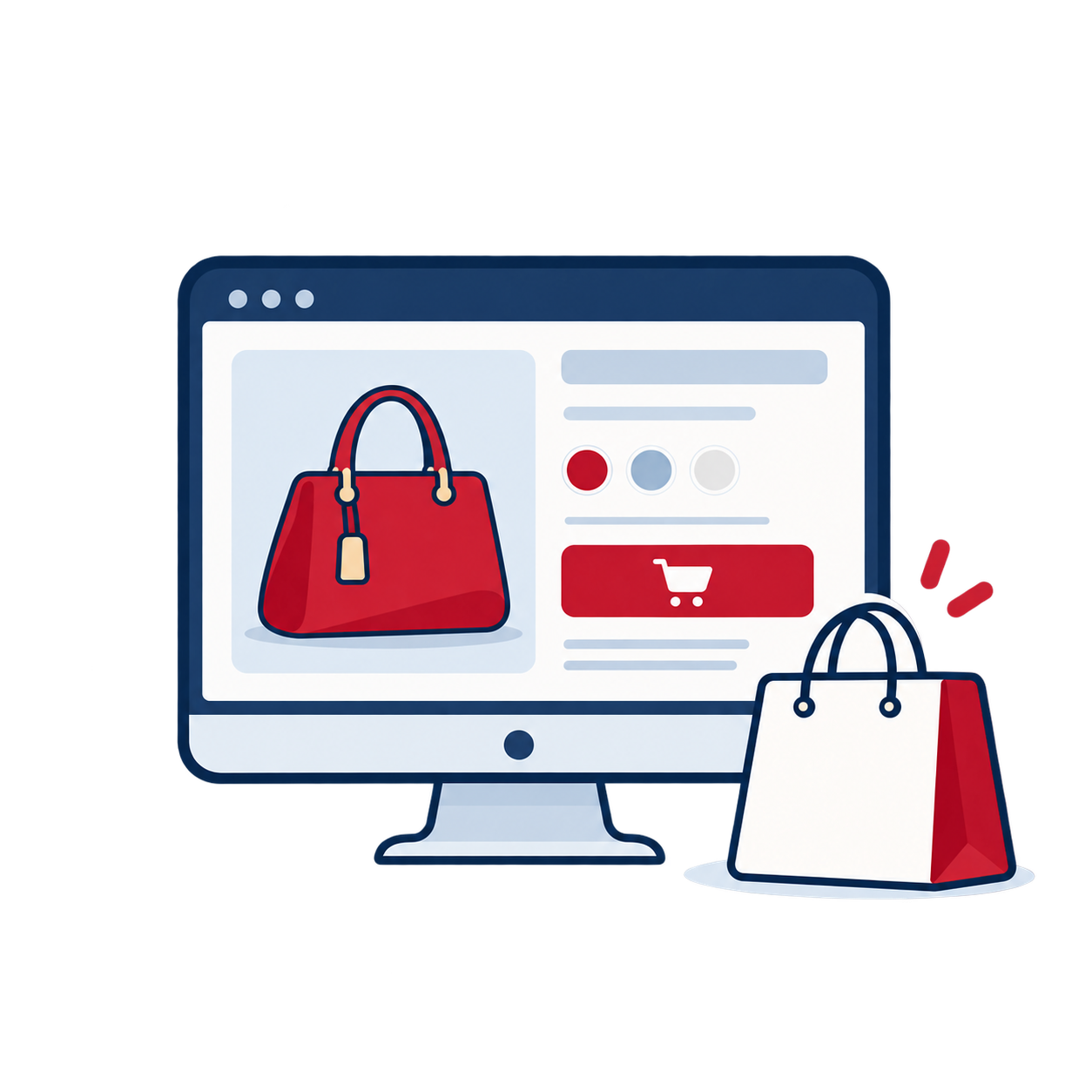 ネットショップの商品画面と購入ボタンのイラスト