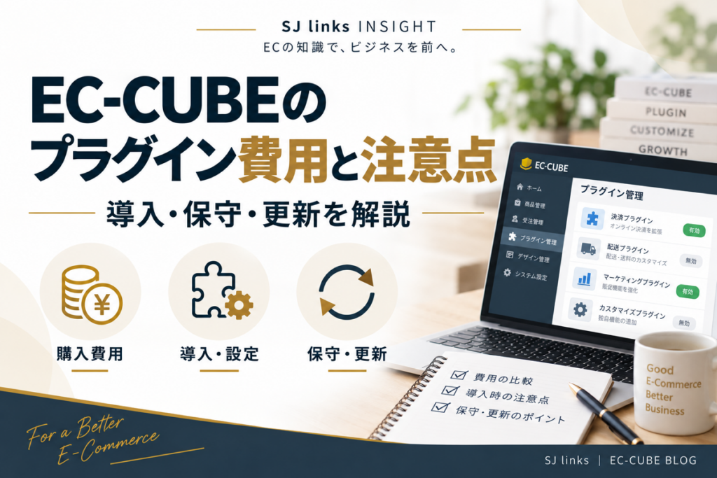 EC-CUBEのプラグイン費用と注意点を、購入費用・導入設定・保守更新の観点から紹介するアイキャッチ画像